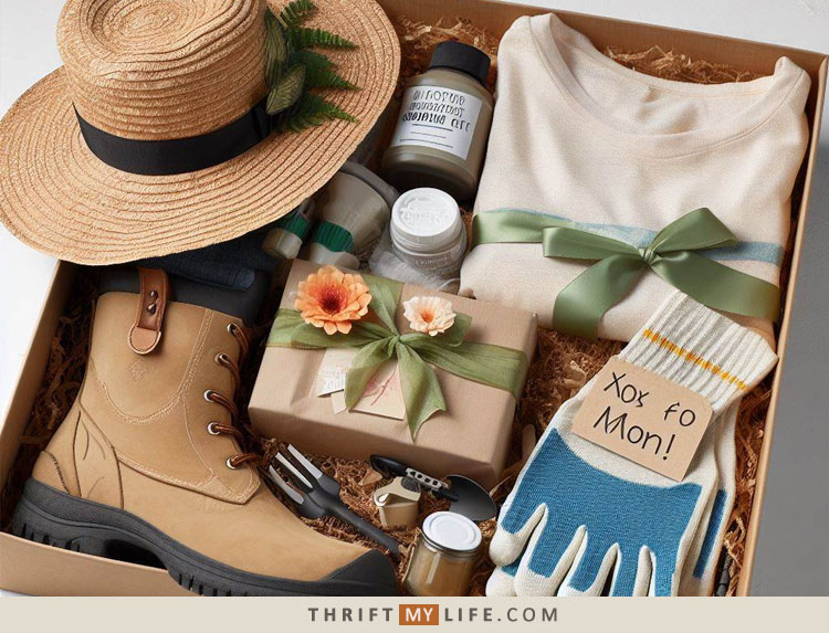 A gift box filled with essential gardening items for mom like a hat, shoes, gloves and a shirt.