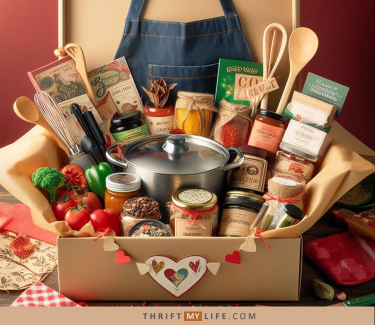 Culinary gift basket for Guys filled with a pot, spices, sauces, kitchen gadgets, apron and other items.