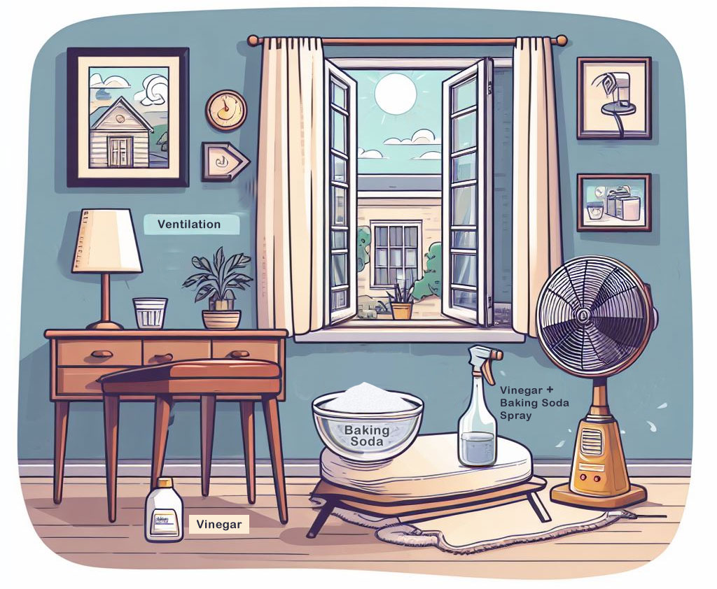 A room with a window open for ventilation, a fan on the floor, a bowl of baking soda, a bottle of vinegar, and a spray bottle with a vinegar-baking soda solution.