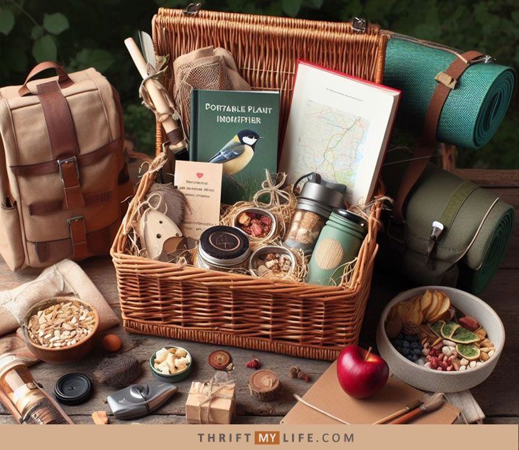 Nature Lover Basket filled with a guide, plant identifier, camping gear, water bottle and other items.