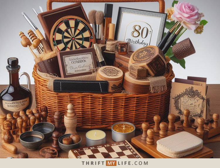 A wicker basket filled with a variety of oak gifts for an 80th birthday, including a plaque, picture frame, honey dipper and other items.