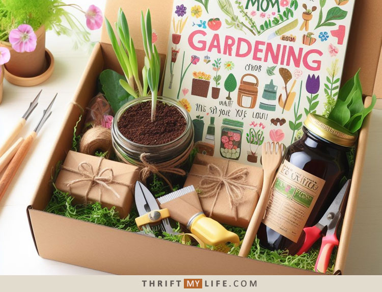 A Box filled with practical gardening tools and essentials for Mom's Birthday