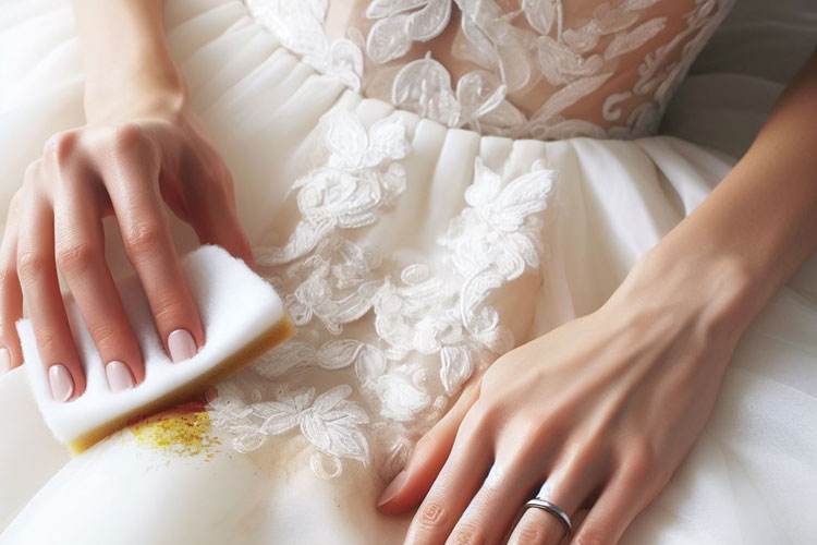 Woman cleaning a yellow stains from her silk wedding dress