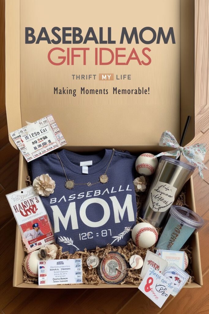 A gift box for baseball mom filled with items including custom baseball shirt, hand-stamped tag, baseball-themed jewelry, tickets, themed tumbler and many more.