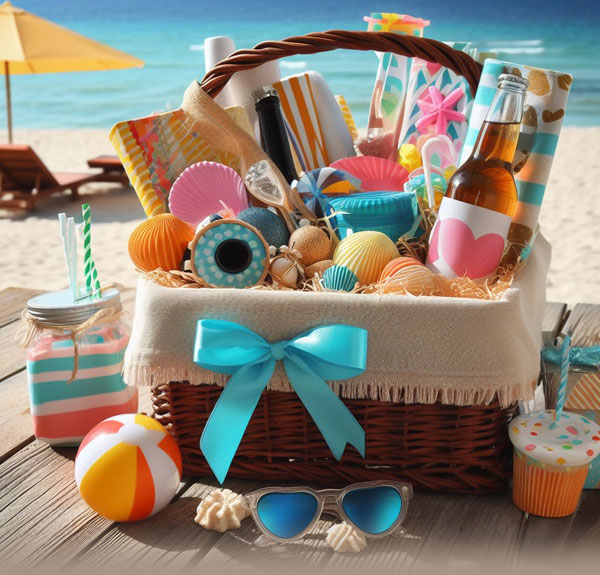 A wicker basket filled with a variety of items, including a beach towel, sunscreen, sunglasses, a book, and a water bottle, is sitting on a sandy beach.