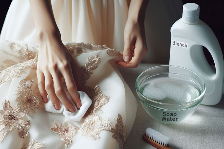 Woman removing wine stains from a silk wedding dress with bleach and soap water.