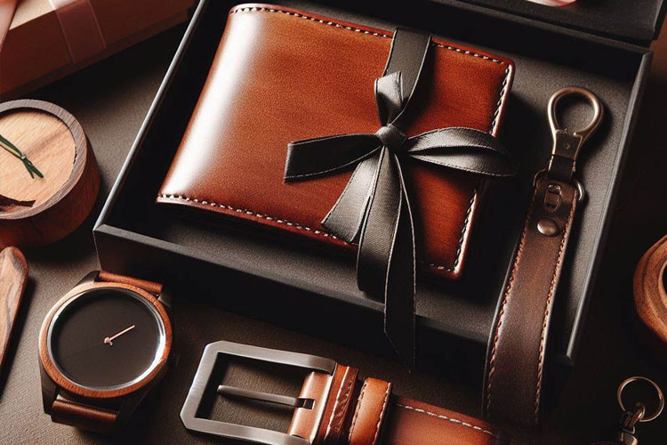 A collection of gifts for Dad, including a leather wallet, a wooden watch, a key chain, and other small leather items, in a black gift box.