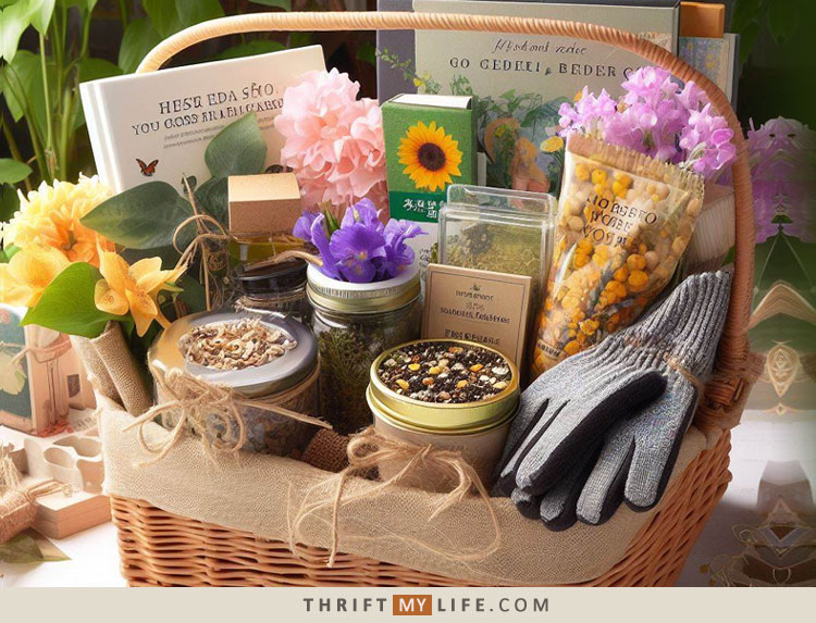 A gift basket for mom filled with a variety of gardening items, including books, flowers, seeds, plants, and gloves. 