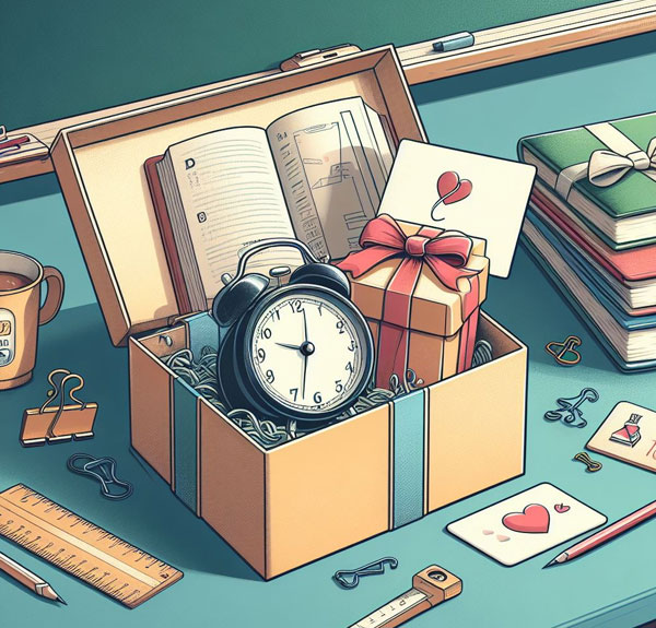 An open gift box with a variety of gifts inside, sitting on a desk in a classroom.