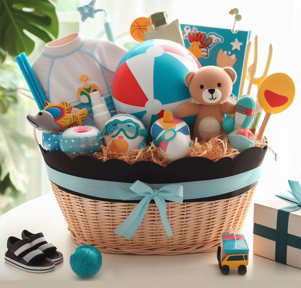 kids' Themed Pool Basket filled with Kids Swimmer Items