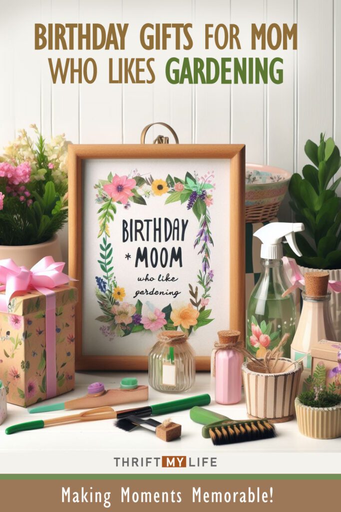 A variety of birthday gifts for a mom who likes gardening, including a gardening hat, gloves, tools, seeds, and plants.