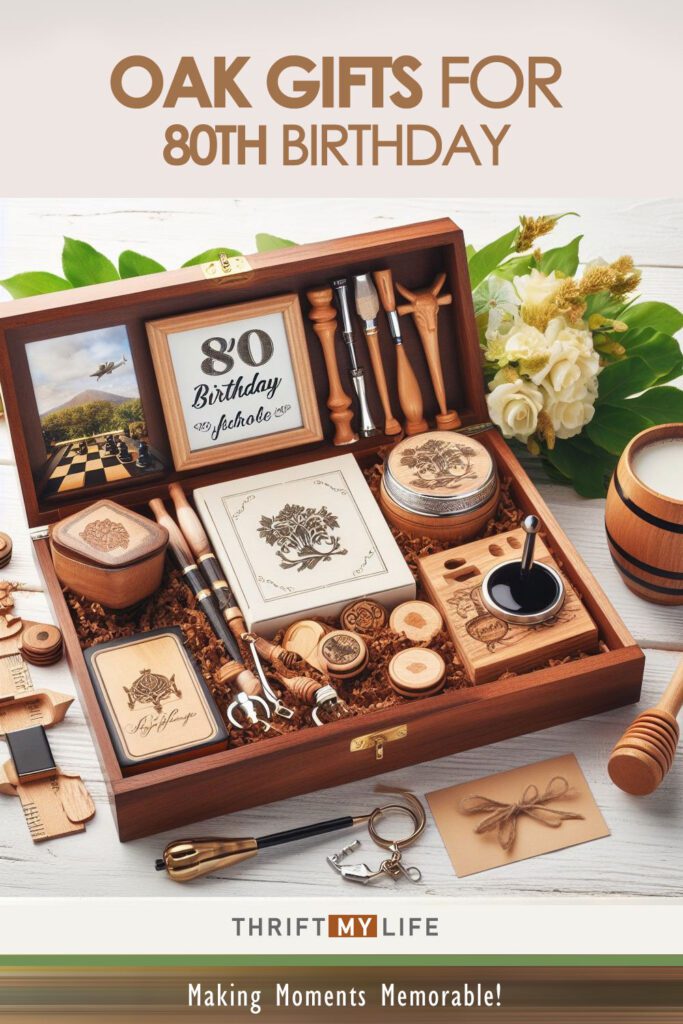 A wooden box filled with a variety of oak gifts for an 80th birthday, including a plaque, jewelry box, bookends, coaster set, and wine stopper.