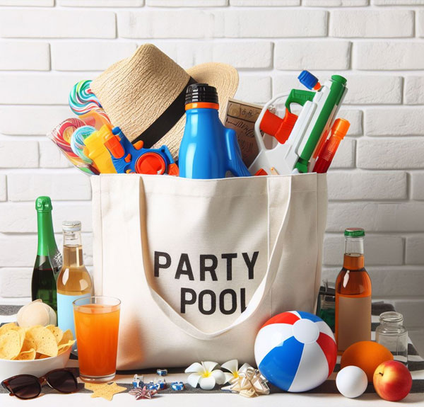 A pool party gift bag filled with items such as a water gun, chips, juice, cocktail, bocce ball, hat, and other small items.