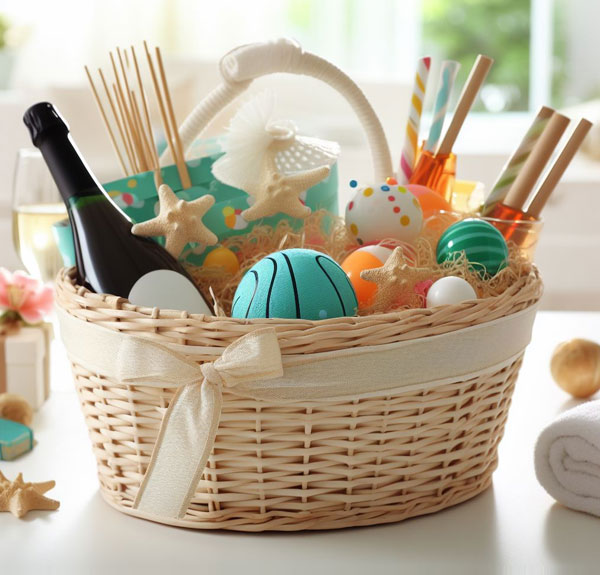 Pool gift basket with related items on a white table.
