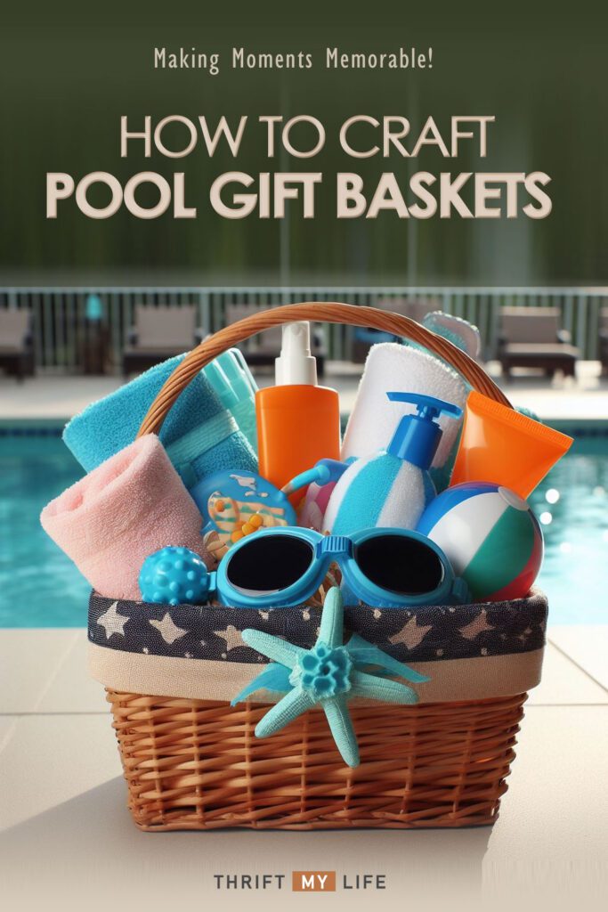 A Swimming pool themed gift basket filled with items: goggles, sunscreen, beach towels, pool floats, and beach balls. The basket is placed near a pool.