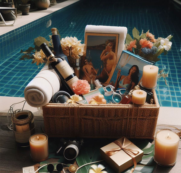 A luxury pool gift basket with luxury items related to pool and swimmers