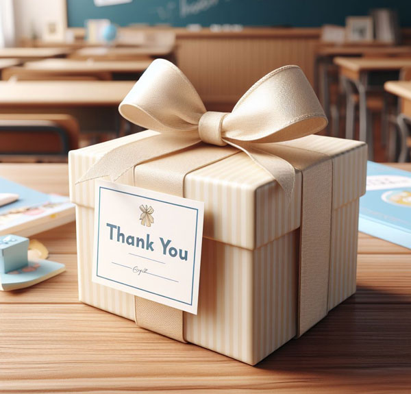 A beautifully wrapped gift box with a thank-you card sits on a desk in a classroom.
