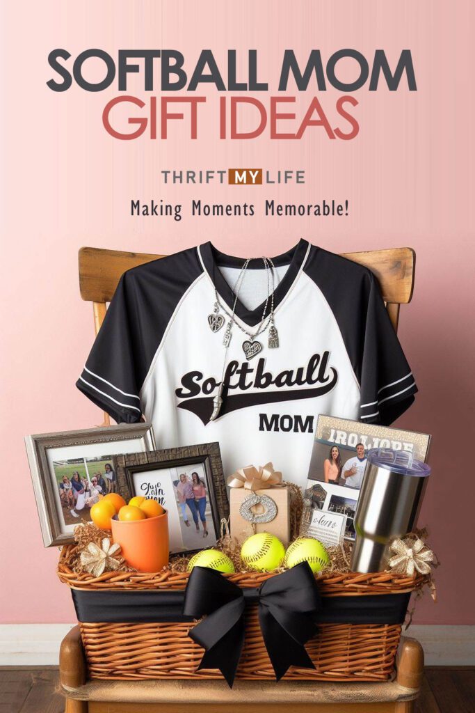 A gift basket for softball mom filled with items like a team-branded jersey, a personalized necklace, a photo frame, a cooler, and a tumbler.