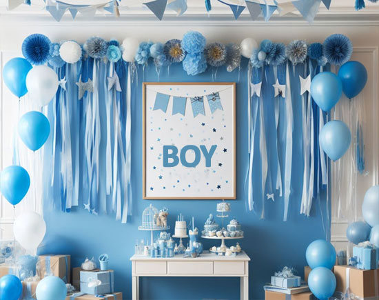 Blue-themed baby gender reveal party backdrop decoration with balloons, streamers, and a framed 'BOY' poster.
