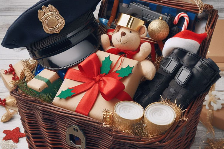 A basket filled with Christmas gift items for a Police Officer