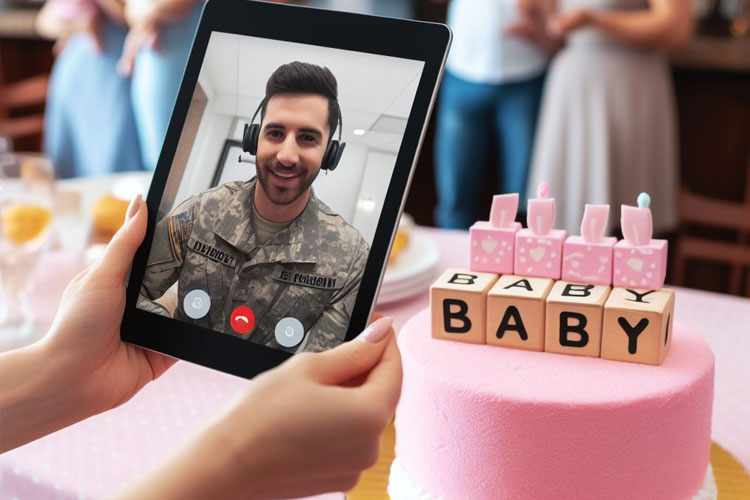 A wife is holding a digital tablet displaying her deployed husband on a video call at a gender reveal party, with a pink cake, baby blocks spelling 'BABY', and guests in the background.