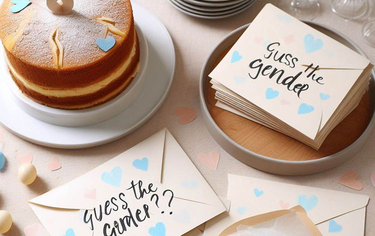 A festive table setting featuring a layered cake, surrounded by envelopes inscribed with 'Guess the Gender?', adorned with blue and pink hearts, suggesting a playful gender reveal activity.