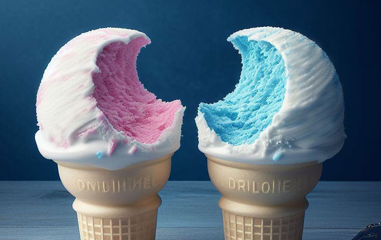 Two half-eaten ice cream cones, one with pink and the other with blue ice cream, against a blue background, suggesting a gender reveal theme.