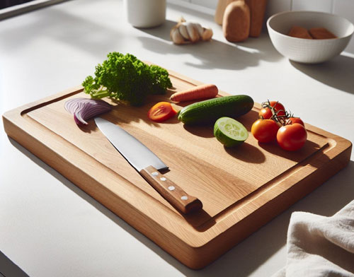 Wooden Cutting Board with Knife and Vegitables