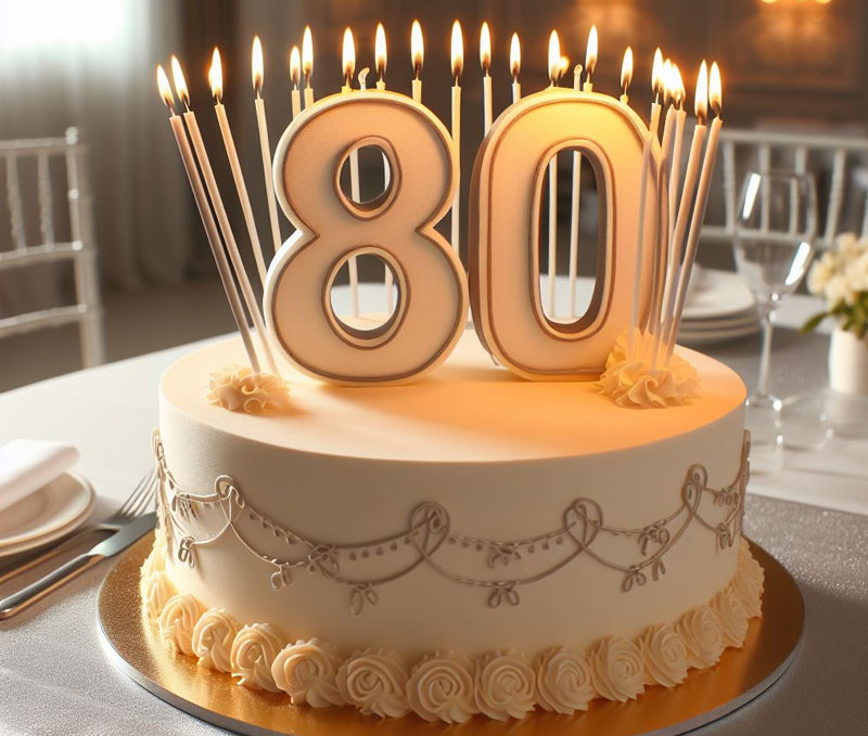 An elegantly decorated 80th birthday cake with a prominent '80' cake topper, surrounded by lit candles, on a festively set table.