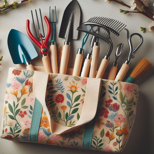 A floral-patterned gardening tote bag equipped with various gardening tools including a trowel, pruners, cultivator, and rake with wooden handles.