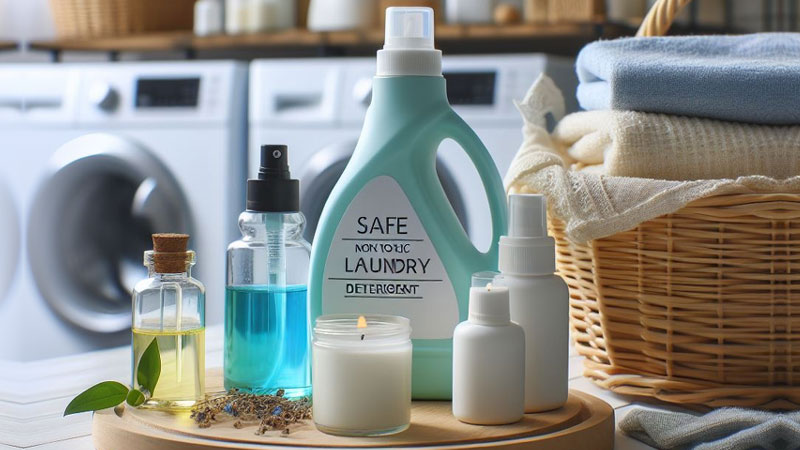 A variety of laundry products on a table, including a bottle labeled "Safe Non-Toxic Laundry Detergent," essential oils, a spray bottle, a candle, and folded towels, with a washing machine in the background.