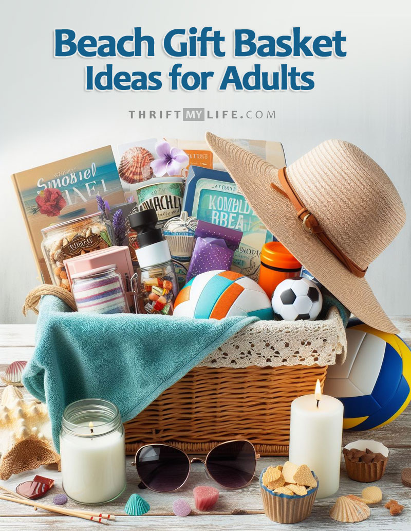 A Beach Gift Basket with items: Beach Towel, UV-Protective Sunglasses, Scented Candle, Chic Beach Hat, frisbee, volleyball, a novel book, Playing Cards, Snacks & Sweet.