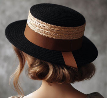 A woman wearing a boater hat that is black with a brown jute color wrap strip on the hat.