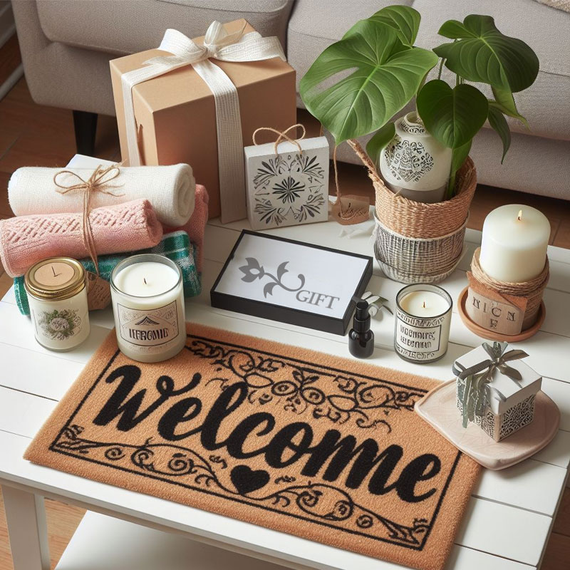 Housewarming gift set on a white table including a customized 'Welcome' mat, scented candles, a family name sign, a throw blanket, and a potted indoor plant.