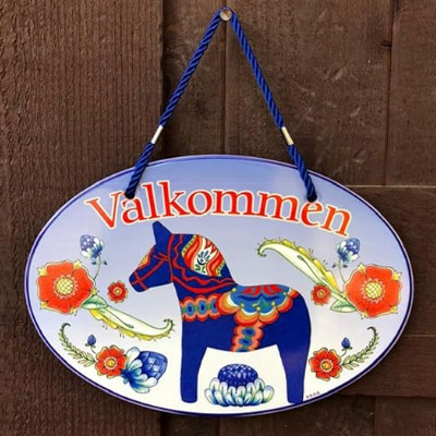 Valkommen - Blue Swedish Dala Horse Door Sign