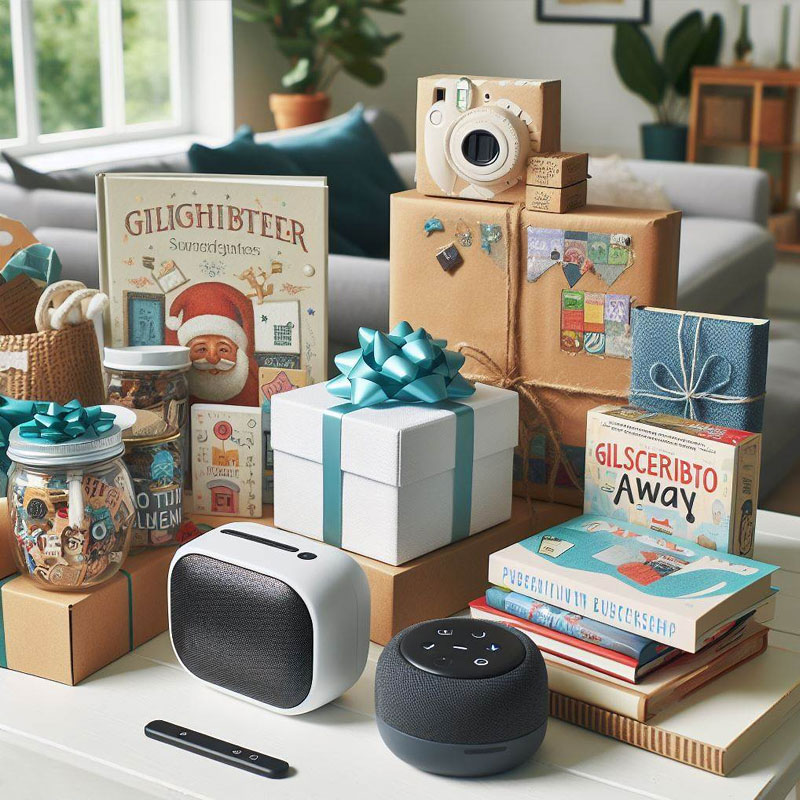 Assortment of entertainment gifts on a table, including board games, a book by a favorite author, a subscription card for a streaming service, and a portable Bluetooth speaker.