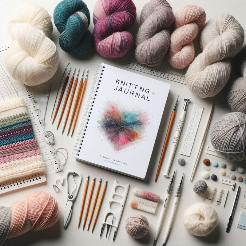 Expert knitting setup with hand-dyed yarns, a knitting journal, knit blocking mats, LED knitting needles, and a custom knit gauge tool.