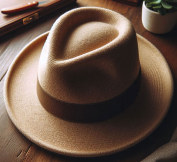A women's fedora hat  placed on a table