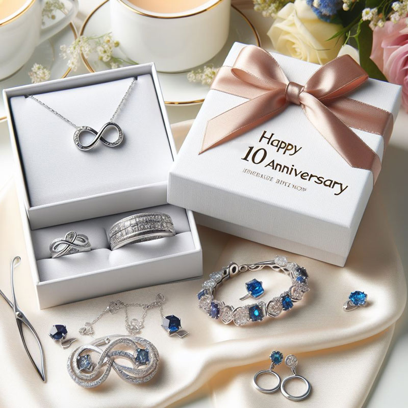 10th-anniversary jewelry collection displayed, featuring sapphire accents and diamond details, packaged in sophisticated gift boxes.