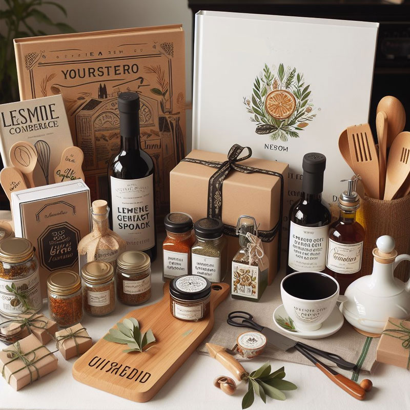 Gift collection with a local cuisine recipe book, gourmet spices, a personalized cutting board, artisanal coffee set, and a premium olive oil and vinegar set
