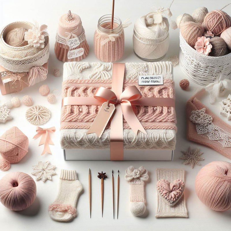 An assortment of knitting supplies and handmade items in pastel pink and white, featuring yarn balls, knitted socks, a blanket with a ribbon, lace, and wooden needles.