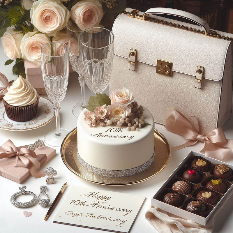 Elegant gifts for a wife including a designer handbag, diamond earrings, and gourmet chocolate tasting experience.
