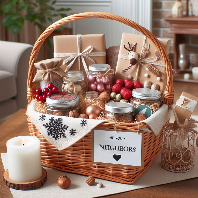 A gift basket with suitable gifts for neighbors leaving away