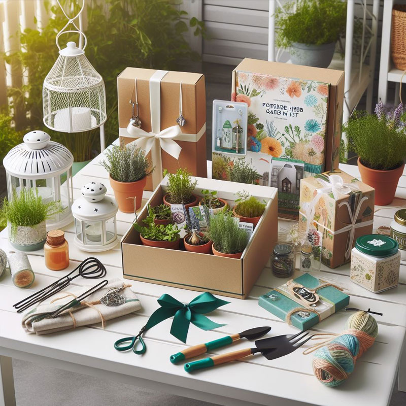 Gardening gift set on a white table, including a portable herb garden kit, bird feeder, outdoor solar lanterns, a set of gardening tools, and wind chimes.