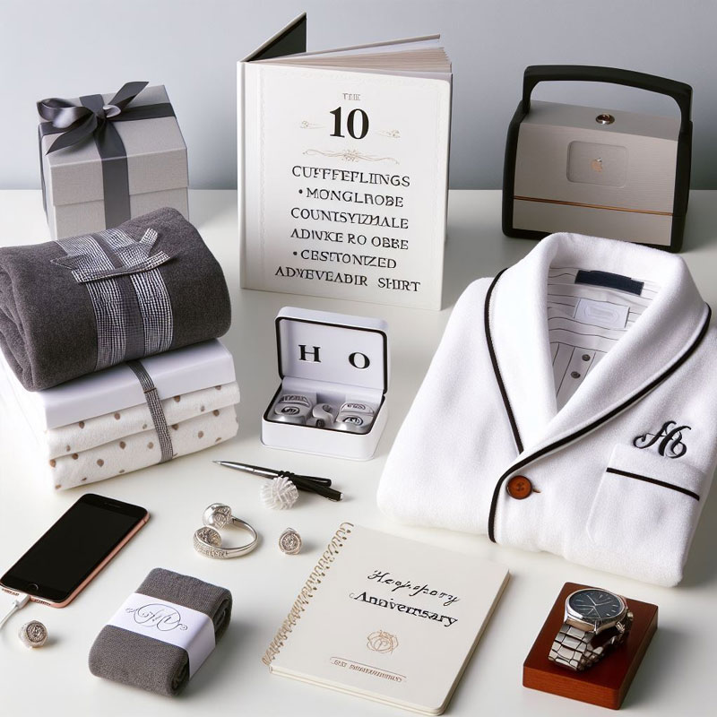 A white table with the following gift items for husband on 10th wedding anniversary: personalized cufflinks, monogrammed robe, personalized docking station, customized anniversary journal, tailored dress shirt