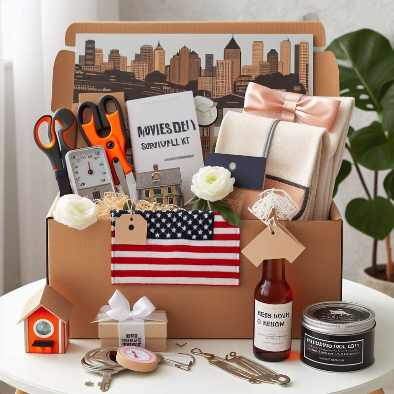 Practical moving day gift set featuring a survival kit, quality luggage tags, a home maintenance tool kit, and a local guidebook, with an American flag-themed decor.