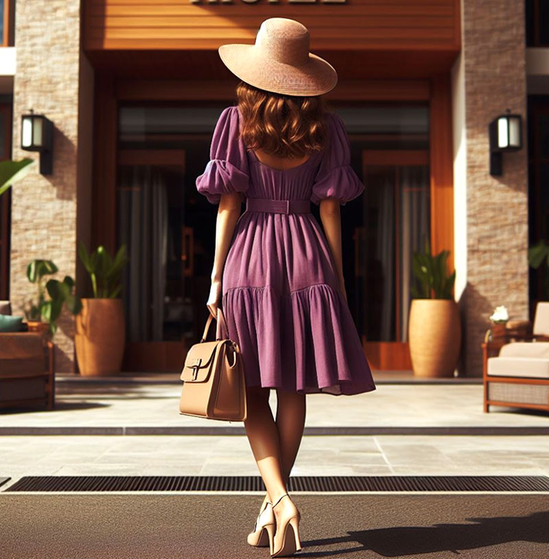 A woman wearing a purple dress with beige color shoes, a summer hat and a handbag.