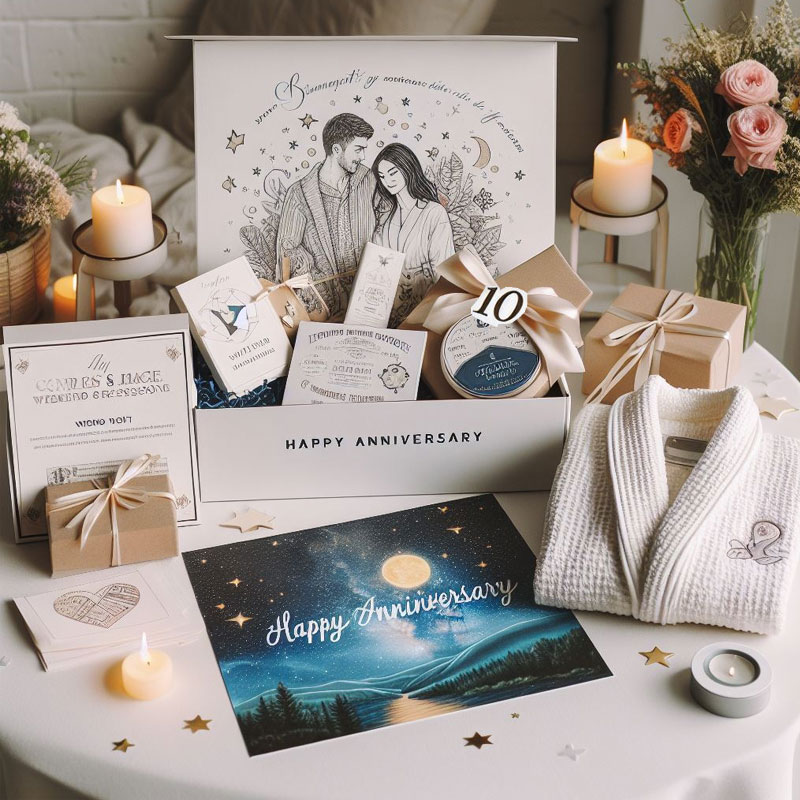A gift box containing a couples massage session voucher, a romantic weekend getaway package, a star map of the wedding night, an intimate date night subscription box, and his and hers matching robes. The gift box is wrapped with a ribbon and has a card that says 'Happy Anniversary'.
