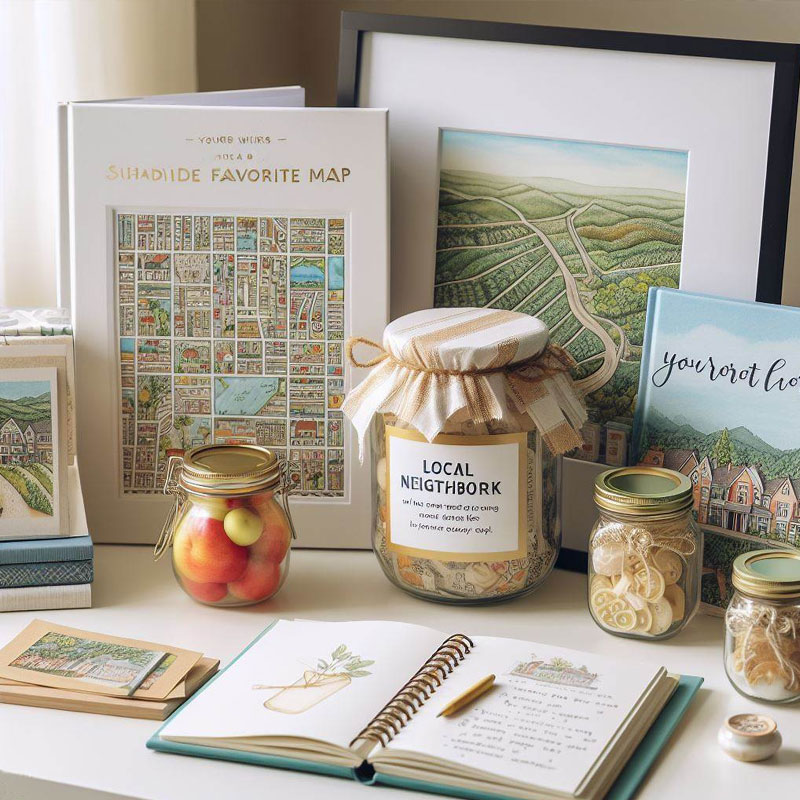 Heartfelt gift collection including a photo album, customized local map, framed local artwork, a handwritten recipe book, and a memory jar with notes.