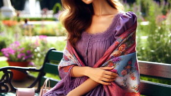 A woman wearing a purple dress and a  shawl, sitting on a bench in a park